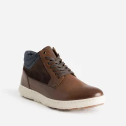 Basket cognac en cuir et textile marine^Eram Sale
