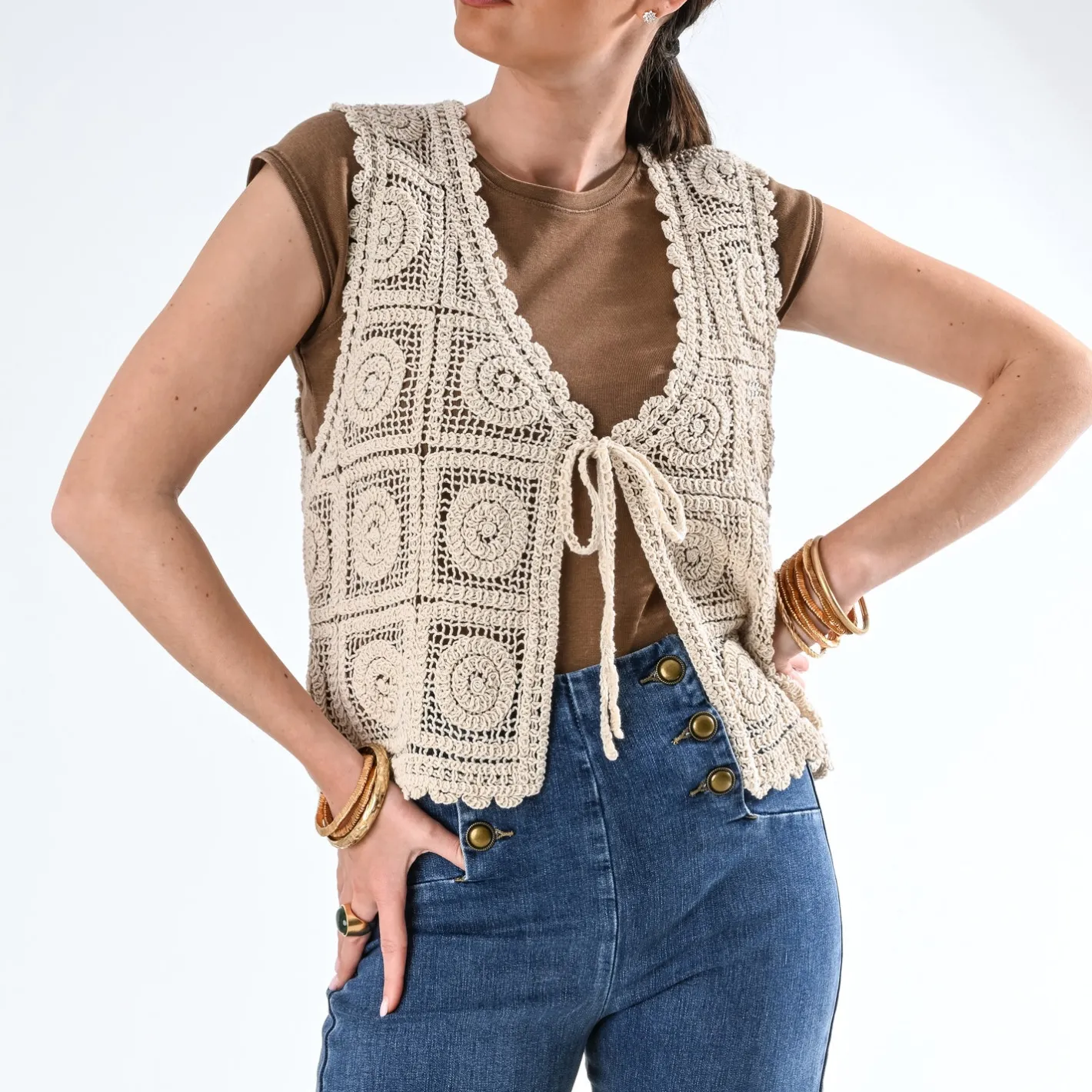 Cardigan sans manches crochet^Texto Sale