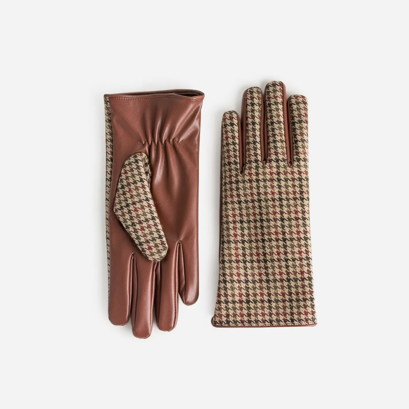 Gants cognac bi-matière à motif pied-de-poule^Eram Online