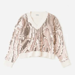 Pull écru brodé sequins rose cuivré^Texto Sale