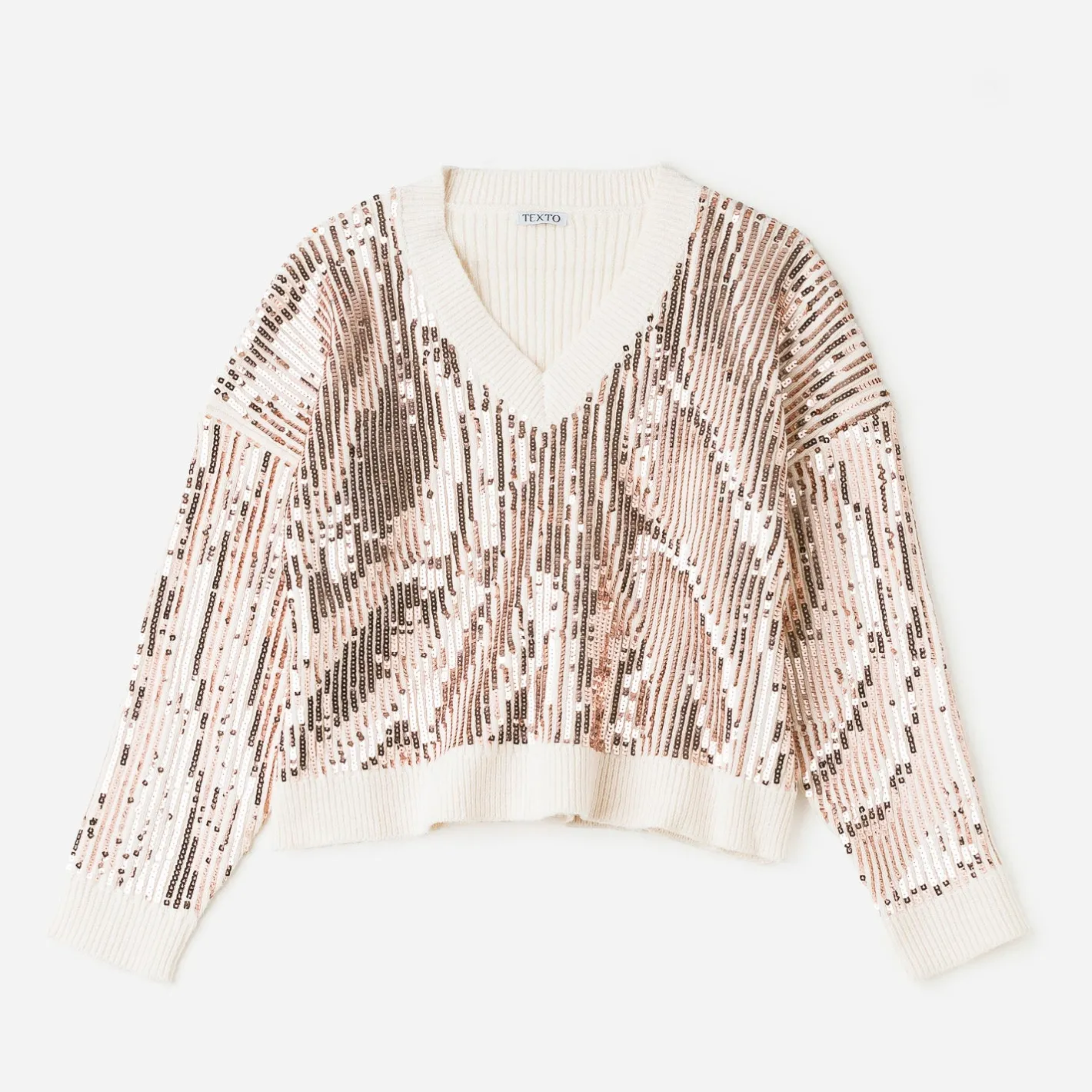 Pull écru brodé sequins rose cuivré^Texto Sale