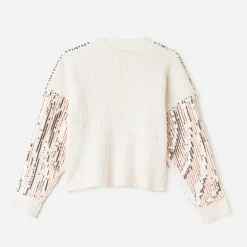 Pull écru brodé sequins rose cuivré^Texto Sale