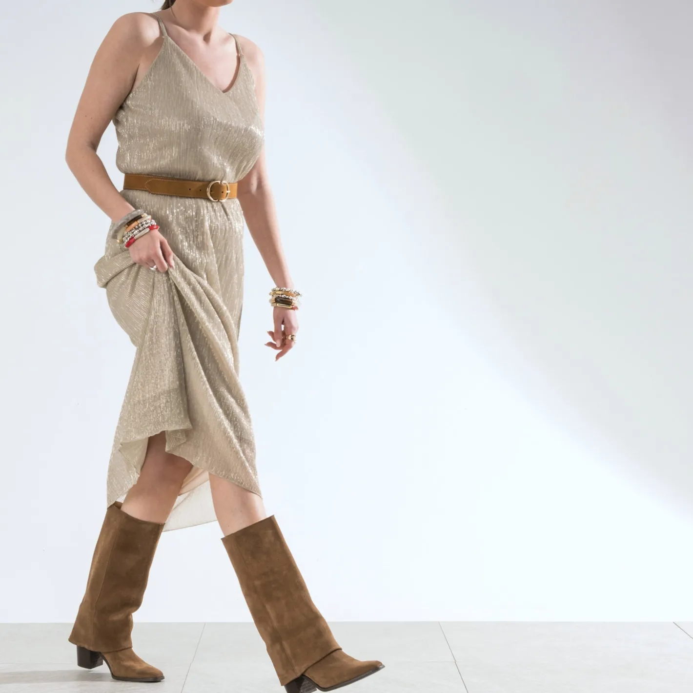Robe beige métallisé fines bretelles^Texto Online