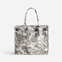 Sac cabas beige jacquard motif villages^Texto New