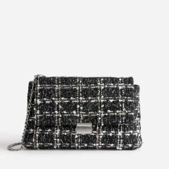 Sac noir textile façon tweed à carreaux^Texto Online