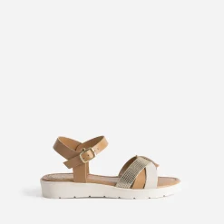 Sandale compensée camel et dorée en cuir^Buggy Online