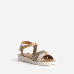Sandale compensée camel et dorée en cuir^Buggy Online