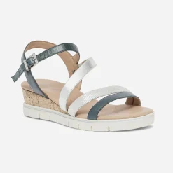 Sandale compensée bleu grisé et argent en cuir^Caprice Sale