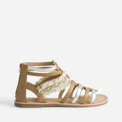 Sandale spartiate camel et doré en cuir avec galon frangé^Buggy Best