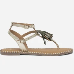Sandale-tong dorée en cuir tressé avec pampilles^Texto Discount
