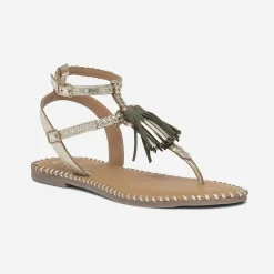 Sandale-tong dorée en cuir tressé avec pampilles^Texto Discount