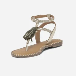 Sandale-tong dorée en cuir tressé avec pampilles^Texto Discount