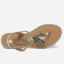 Sandale-tong dorée en cuir tressé avec pampilles^Texto Discount