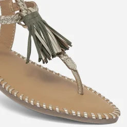 Sandale-tong dorée en cuir tressé avec pampilles^Texto Discount