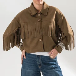Veste marron effet suédé à franges^Texto Best